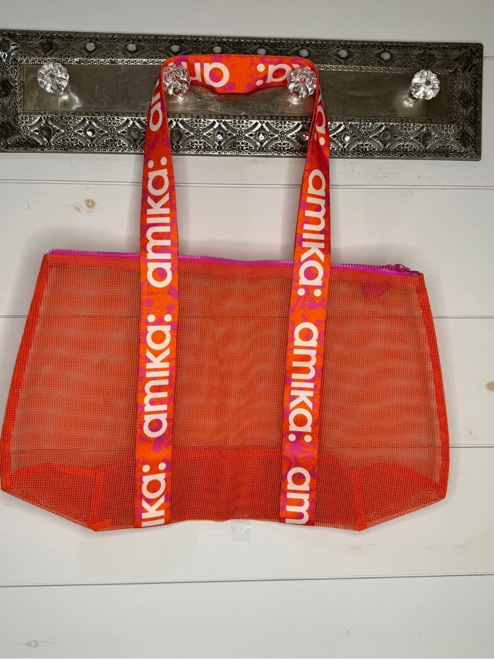amika Orange Mesh Tote with Pink Zipper and Branded Straps
